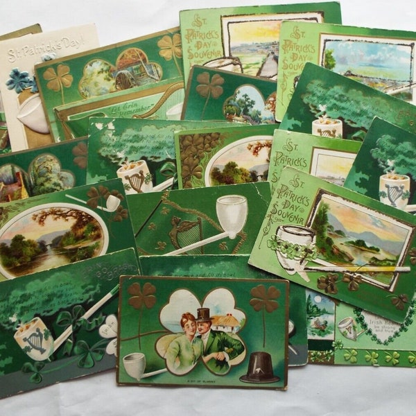 22 Old Antique ST. PATRICK'S Day POSTCARDS Irish Hats Pipes Clovers Harps