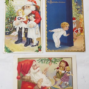 Lotto di 3 Vecchio Antico BABBO NATALE NATALE CARTOLINE di Natale Festive Bambini Elfo