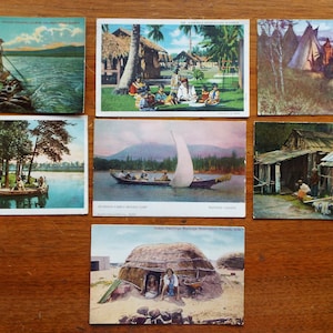 Lot de 7 cartes postales anciennes d'amérindiens indiens Phoenix Alaska en canoë tipi