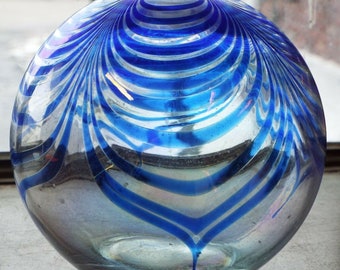 Large Vintage Blue Drape IRIDESCENT Sphere Shaped Art Glass BUD VASE