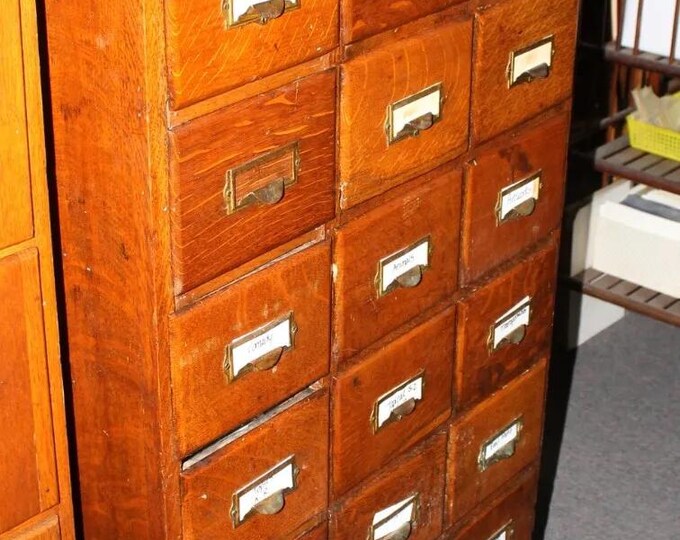 Old Antique Wooden OAK 24 Drawer POSTCARD Library Card File CABINET ...
