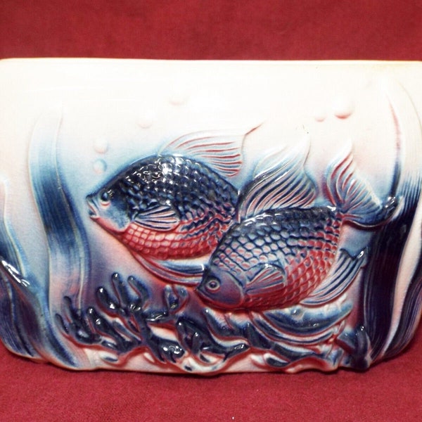 Vintage c1950s Royal Copley Pottery Red & Blue KOI FISH Oblong VASE Planter