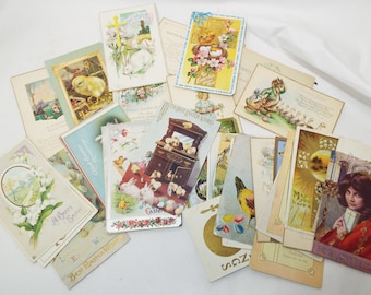 Lotto di 51 cartoline postali di Pasqua antiche assortite, pulcini di coniglietti religiosi per le vacanze