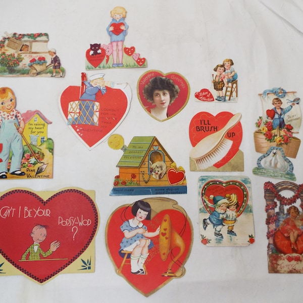 Lot of 13 Old Antique ASSORTED VALENTINE'S CARDS Children Horn Sailor Cat