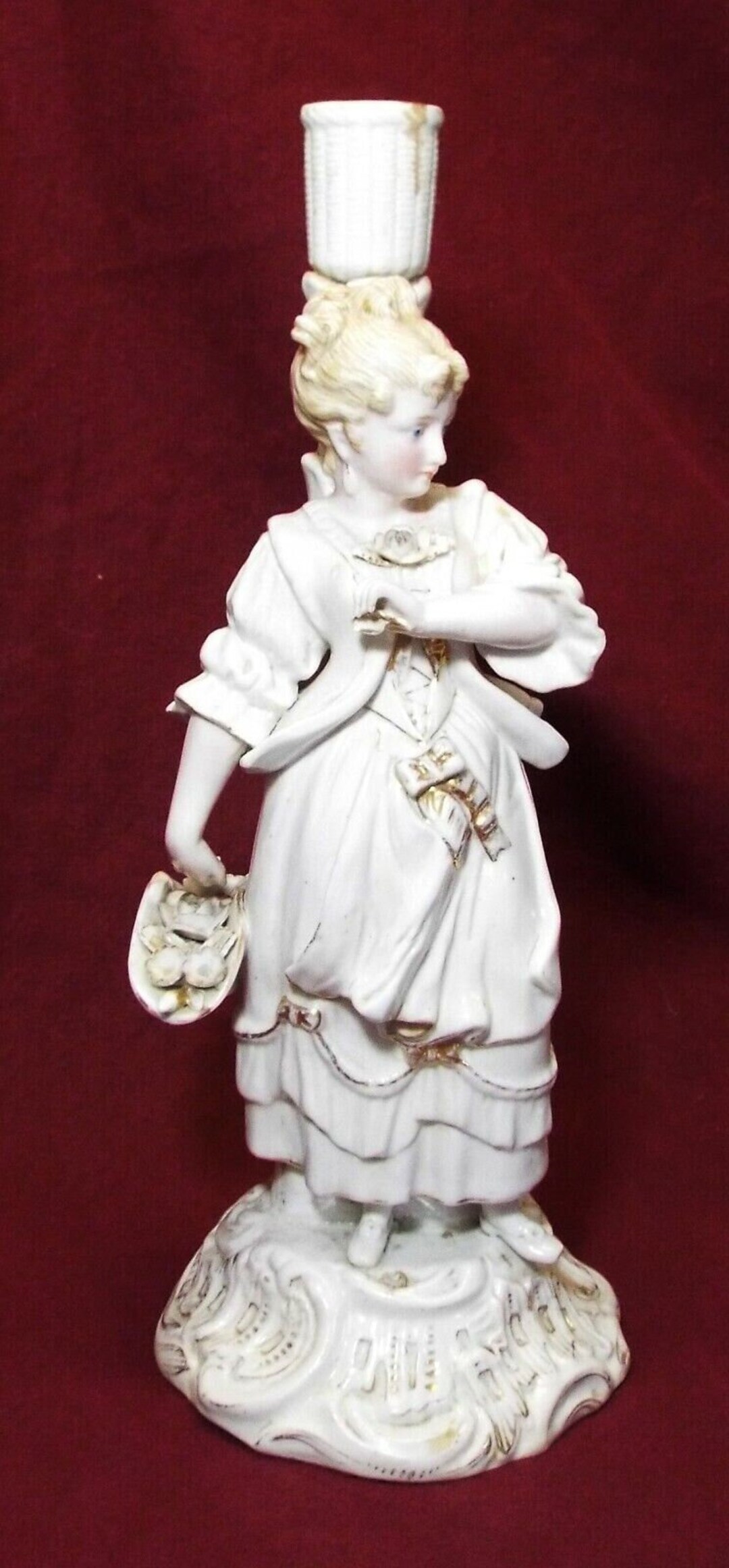Antique MEISSEN Porcelain Woman With Flower Basket Figural CANDLESTICK