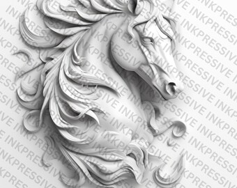 May include: A white, detailed, 3D sculpture of a horse's head with flowing mane and a textured surface.