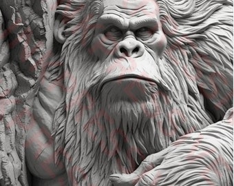 May include: A close-up of a gray, stone sculpture of a large ape with a furrowed brow and a serious expression. The ape is partially hidden behind a rocky surface, with only its head and upper body visible.
