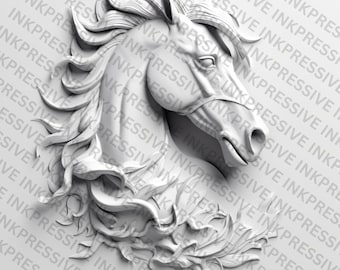 May include: A white, three-dimensional sculpture of a horse's head with a flowing mane. The sculpture is detailed and realistic, with a textured surface.