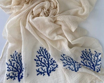 Scarf / Shawl / Hand Printed Coral Scarf / Thin Towel / Cotton Scarf / Hammam Towel / Turkish Peshtemal / Pareo / 37''x69''