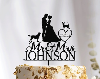 Wedding Cake Topper with Dog, Dog Cake Topper, Bride and Groom Cake Topper for Wedding, Pet Silhouette Cake Topper, Cat Cake Topper