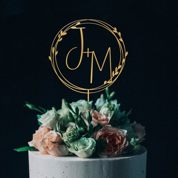 Topper de pastel de boda con monograma de oro personalizado, topper de pastel con iniciales personalizadas, topper de pastel de Sr. y Sra., topper de pastel de bautismo de aniversario