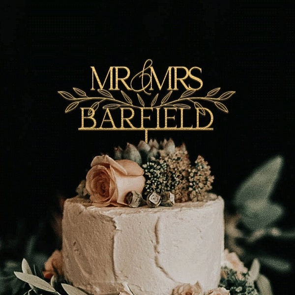 Décoration de gâteau de mariage or rustique, décoration de gâteau floral pour mariage, décoration de gâteau M. et Mme, décoration de gâteau personnalisée, décoration de gâteau d'anniversaire