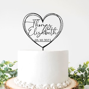 Wedding cake topper with a heart and a date, Personalized cake topper in a heart shape, Multiple colors available Black