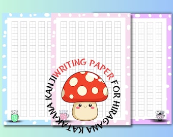 Puede incluir: Tres hojas de papel con líneas imprimibles con fondo azul claro, rosa y morado. Cada hoja tiene un borde de lunares blancos. La hoja del medio tiene un hongo de dibujos animados con un sombrero rojo y puntos blancos. El texto alrededor del hongo dice "Katakana Kanji Writing Paper for Hiragana".