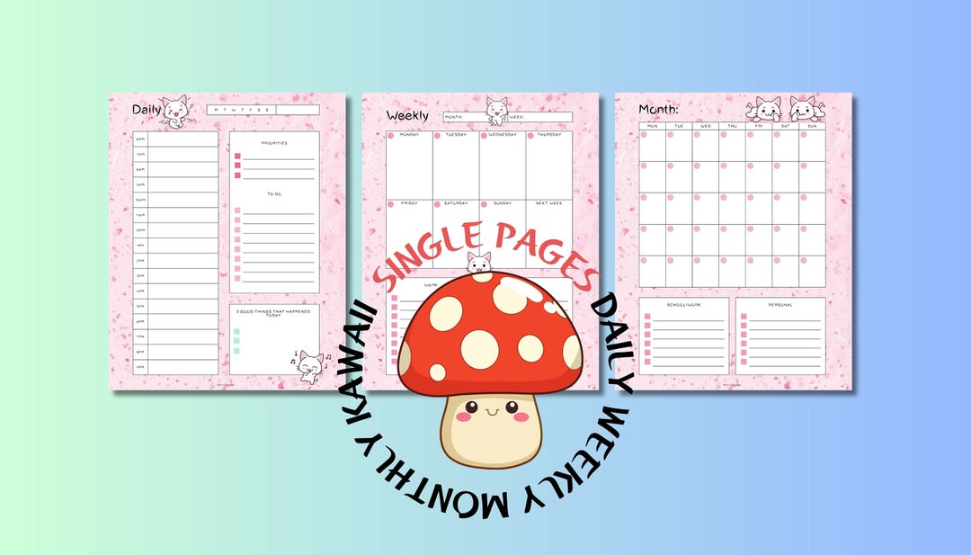 Printable Single Pages Calendar, Daily Weekly Monthly Planner, Kawaii ...