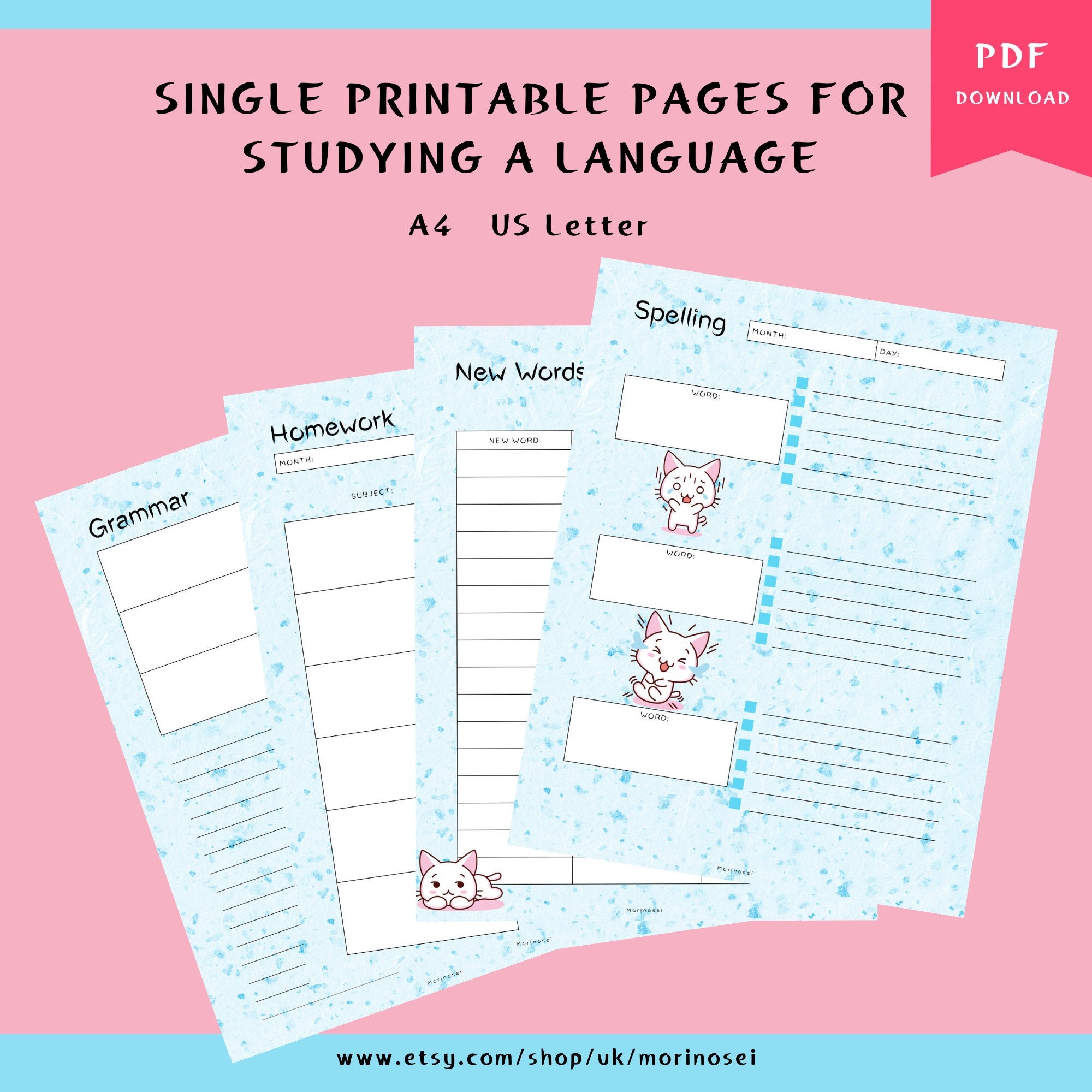 kawaii single pages for studying printable worksheets for etsy