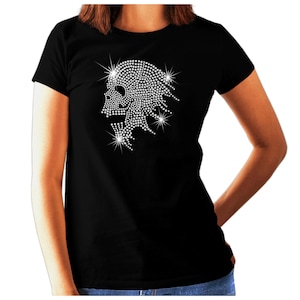Womens Biker Rock Skull Rhinestone Crystal T Shirt - Gothic Rock Music   - ANY SIZE Available - Rhinestone Diamante