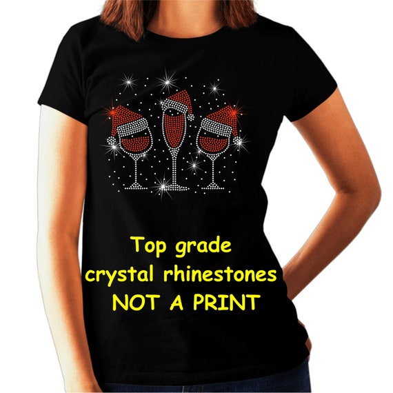 CHRISTMAS WINE GLASSES crystal rhinestone design Ladies xmas T Shirt