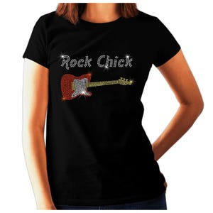 Rock chick & guitar ladies rhinestone crystal diamante rock music t-shirt - all sizes