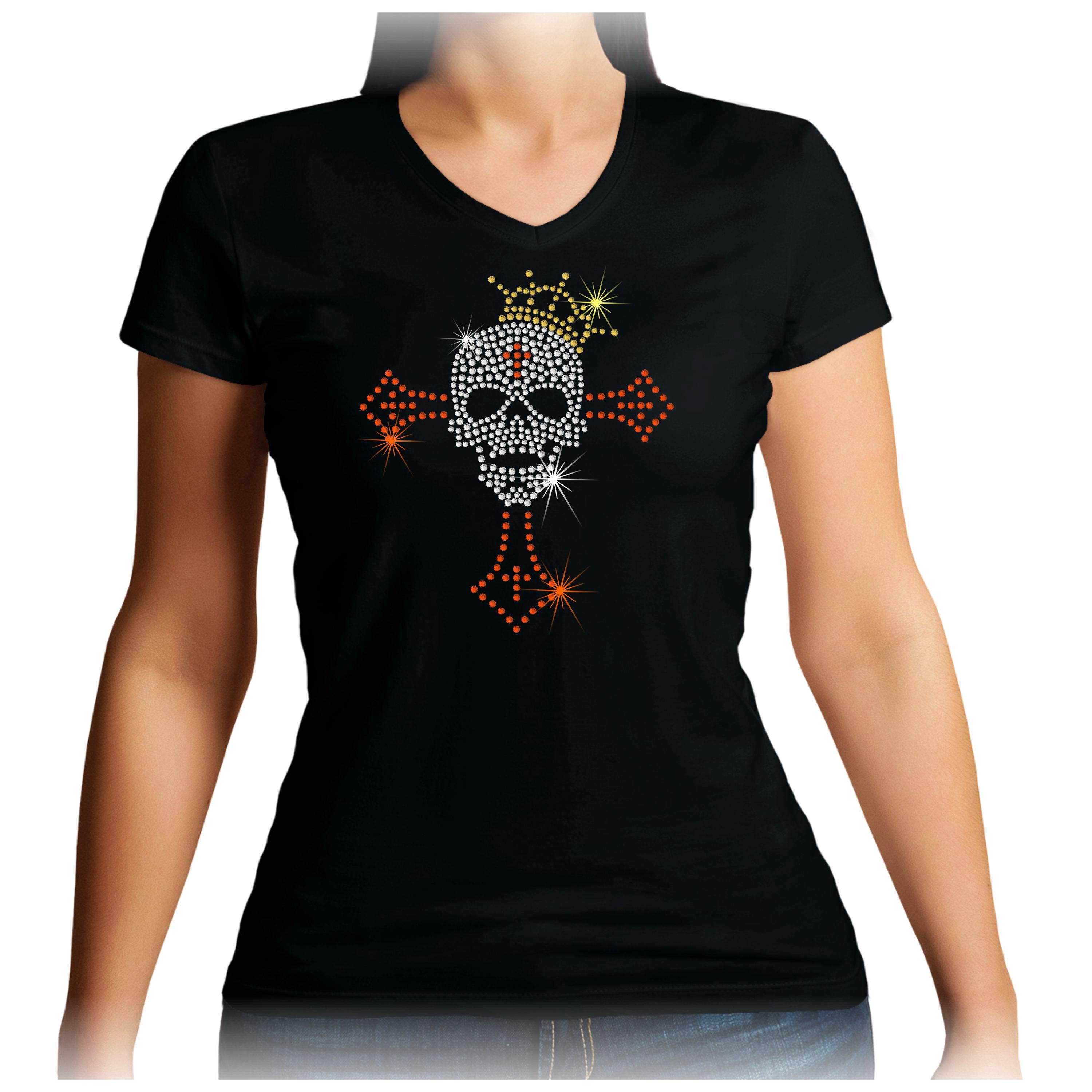 Gothic Rhinestone Skull V-neck T-shirt – Biker Rock Tee - Etsy