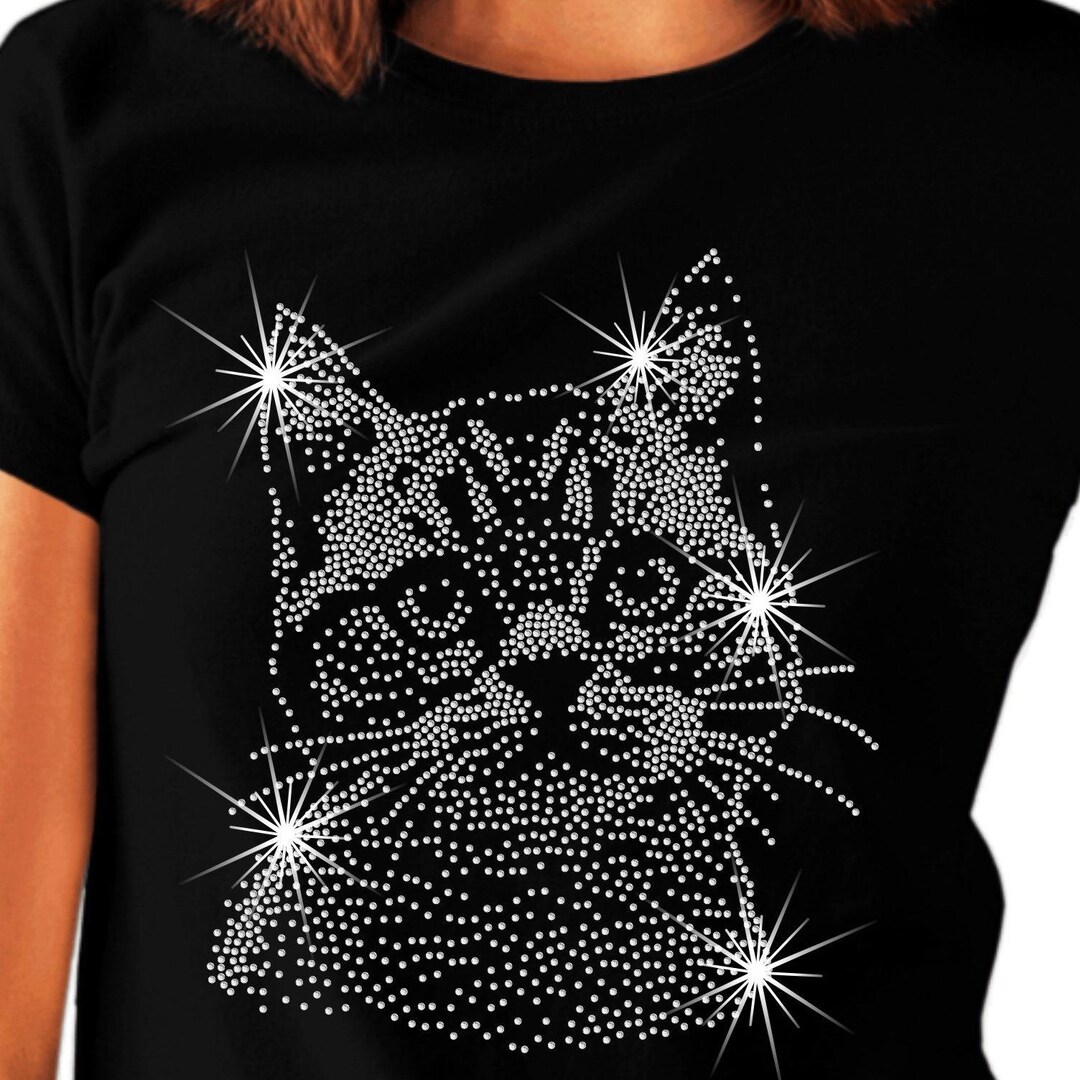 Womens Rhinestone Cat T Shirt Diamante Crystal Kitten Gift Any Size 