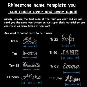 May include: Black background with examples of rhinestone name templates. The text reads "Rhinestone name template you can reuse over and over again." Examples include the names Olivia, Jessica, Charlotte, Alisha, Sofia, Jane, Emma, and Alison, with measurements in centimetres.