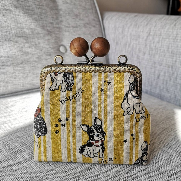 dog pattern coin purse, cat pattern coin bag, kisslock framd with wooden balls coin bag, metal framed coin purse