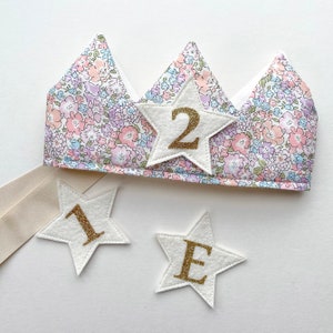 Corona in tessuto con numeri rimovibili, corona regolabile, corona di compleanno, cappello per distruggere torte, numeri in velcro per corona, corona in tessuto Liberty