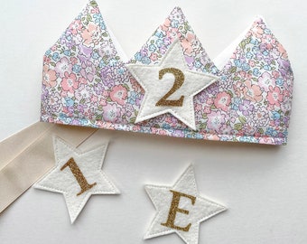 Fabric crown with removable numbers, adjustable crown, birthday crown, cake smash hat, hook and loop numbers for crown, Liberty fabric crown