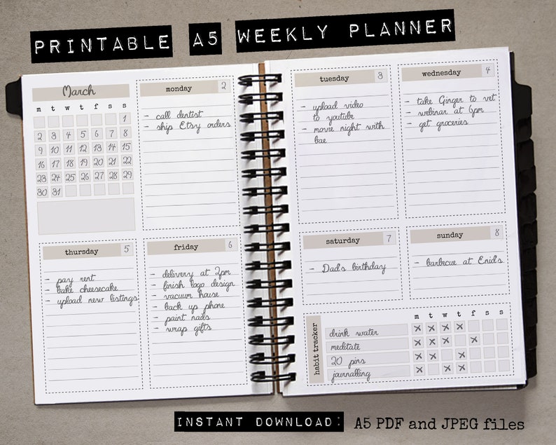 A5 Printable Planner / Weekly Diary Insert / Habit Tracker / Etsy UK
