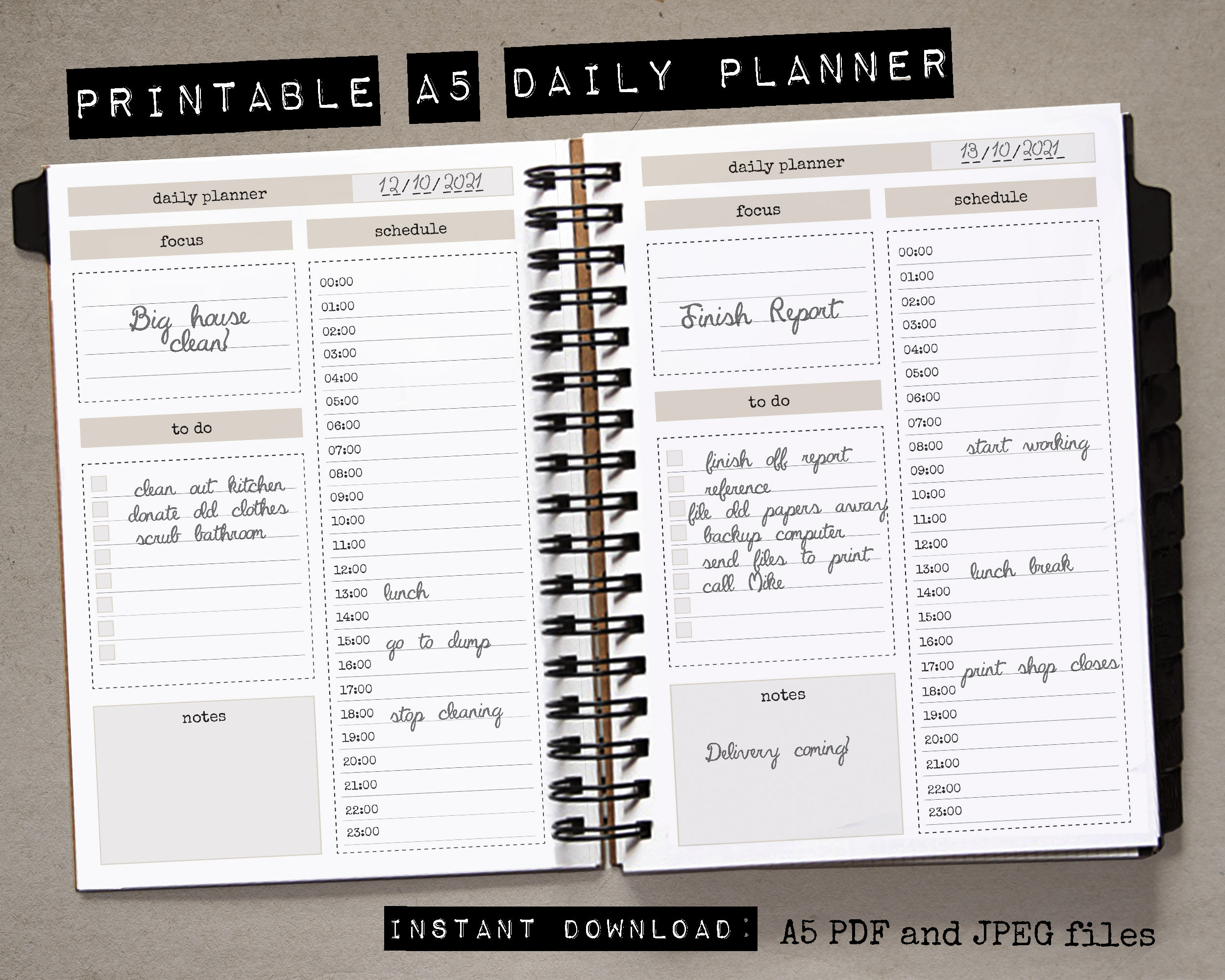 A5 Daily Planner Printable Insert / Ring Binder Filofax Insert / Daily ...