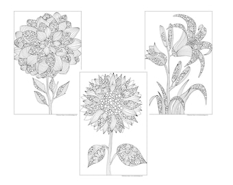 Set of 3 Coloring Posters, Along the Garden Path, 24x36 :  Lily, Sunflower & Dahlia, DIY Wall Art – 25% Savings When Purchased as a Set