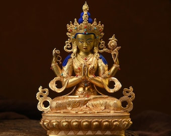 Bronzen vierarmige Guanyin Boeddhabeeld - Woondecoraties