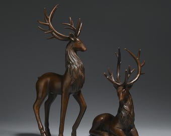 ブロンズ製の鹿と子鹿の彫刻：自宅やオフィスの装飾に最適な、バリーに