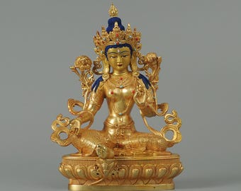 Bronze Green Tara Buddha Statue: Tibet/Nepal Home Decor (14cm x11cm x21cm)