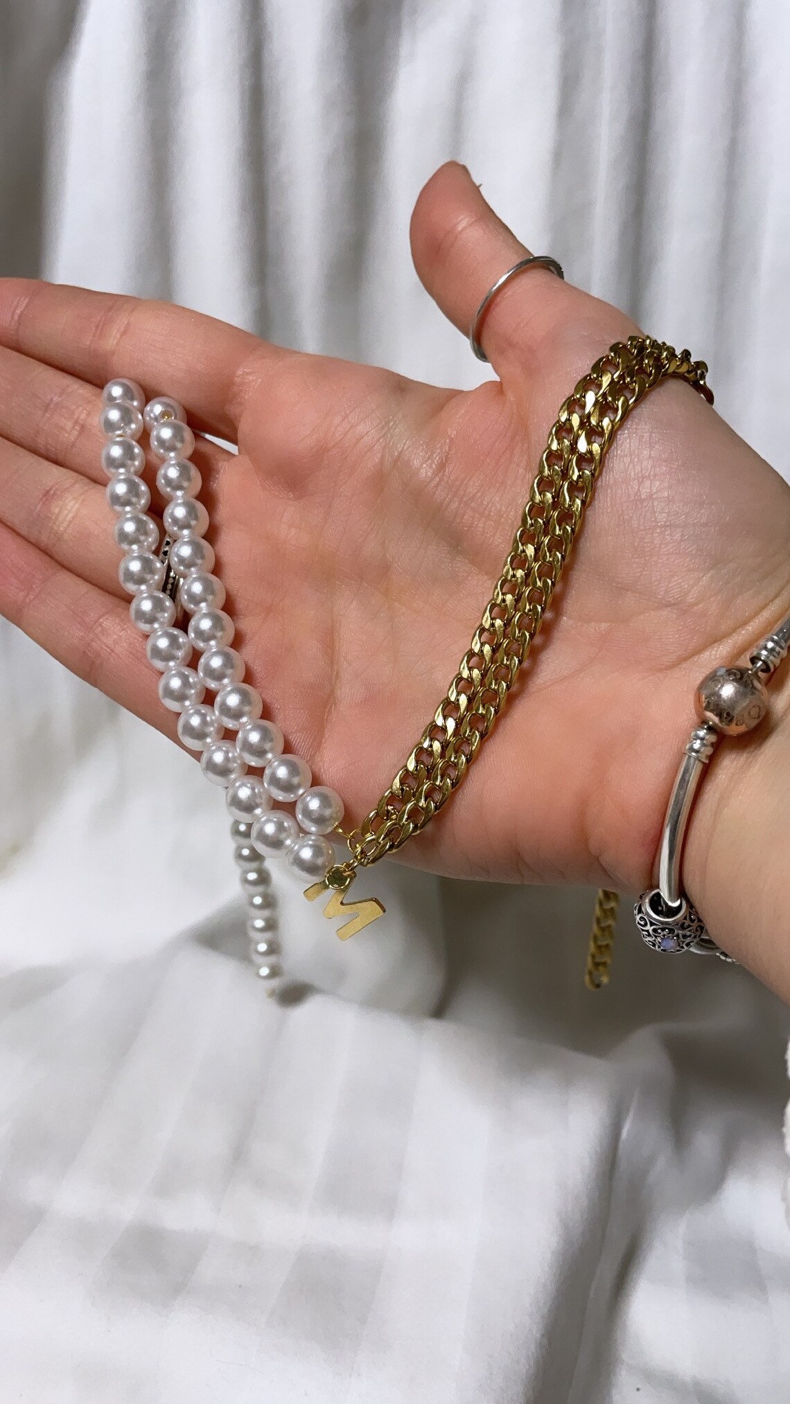 Double Half Pearl half chain gold initial necklace Etsy Double Half Pearl half chain gold initial necklace Etsy
