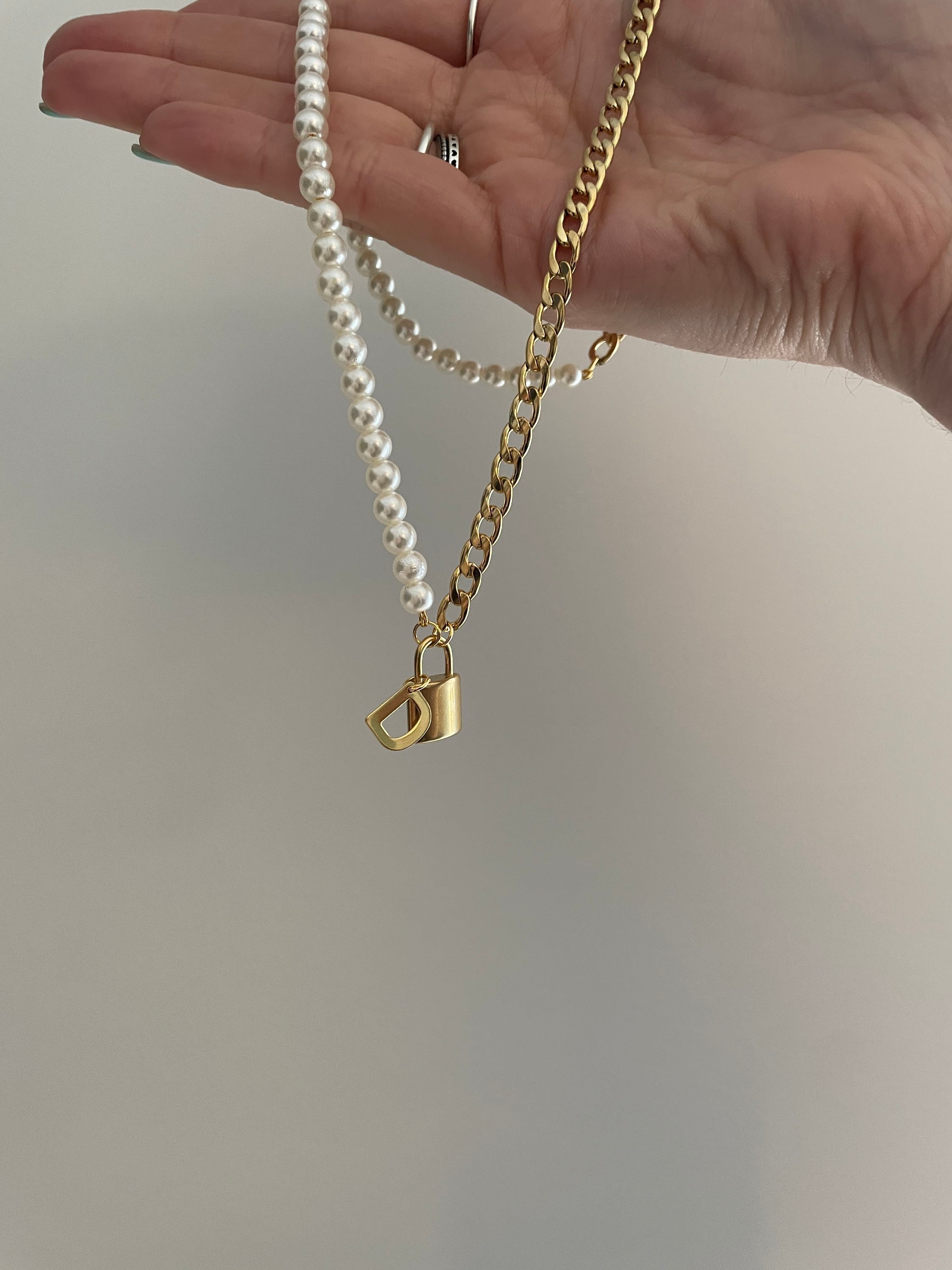 Half Pearl half chain gold padlock initial necklace Etsy