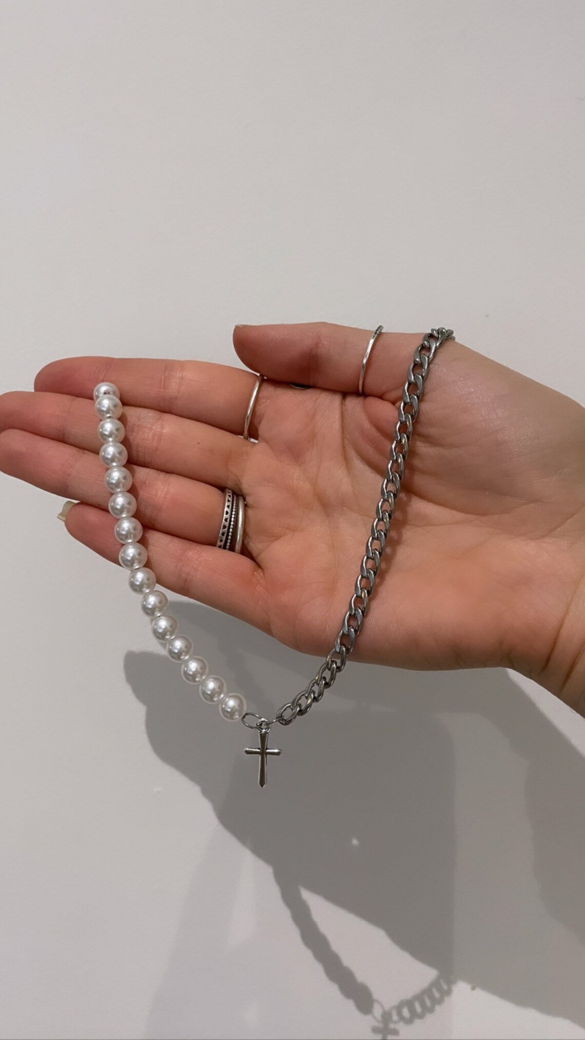 Half Pearl Half Chain Silver Cross Necklace | Etsy