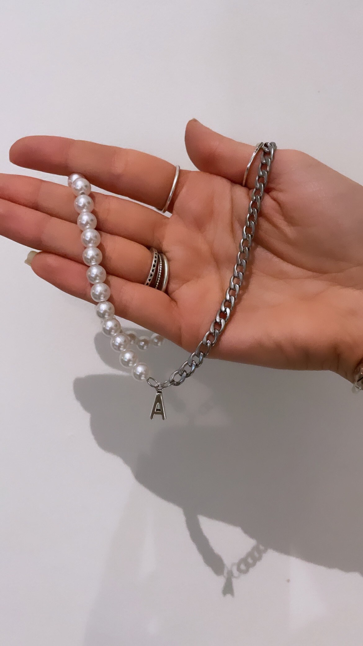 Half Pearl Half Chain Silver Initial Necklace Etsy UK