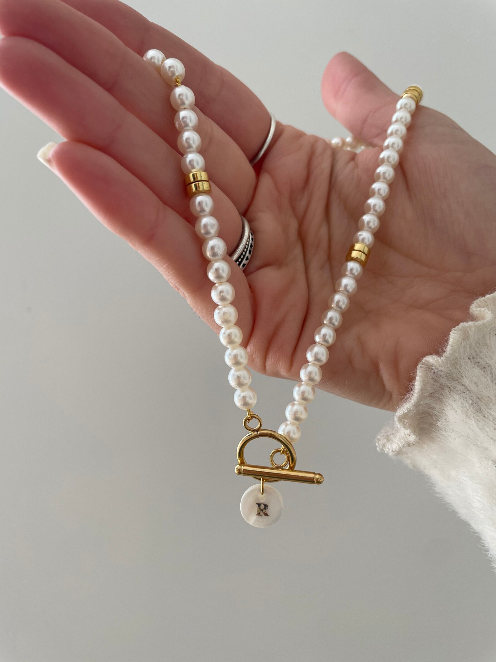 Gold pearl toggle disc initial necklace Etsy