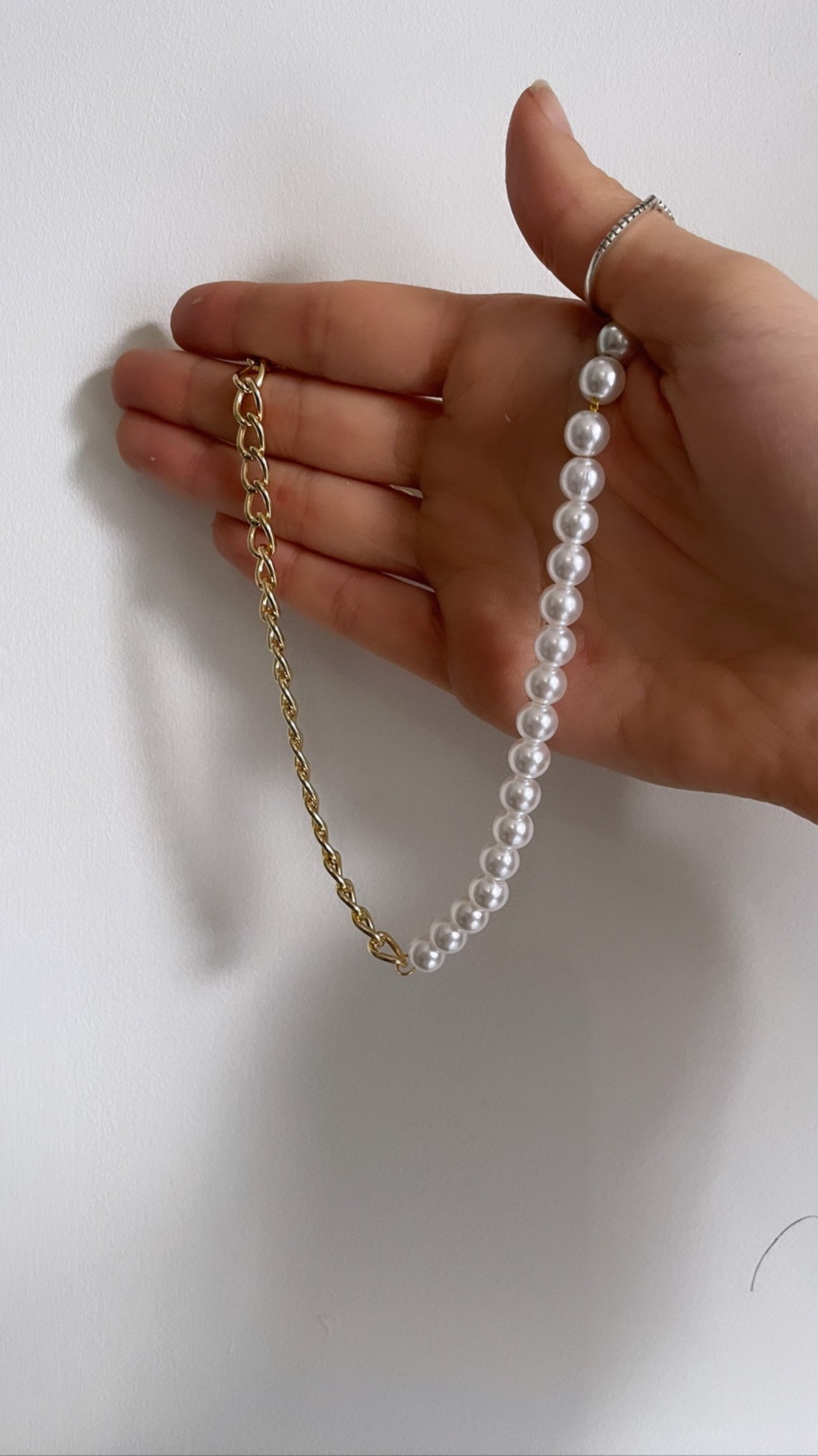 Gold Half pearl half chain necklace Etsy Gold Half pearl half chain necklace Etsy