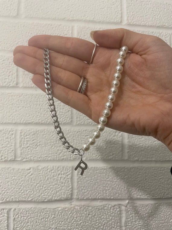Half Pearl Half Chain Silver Initial 