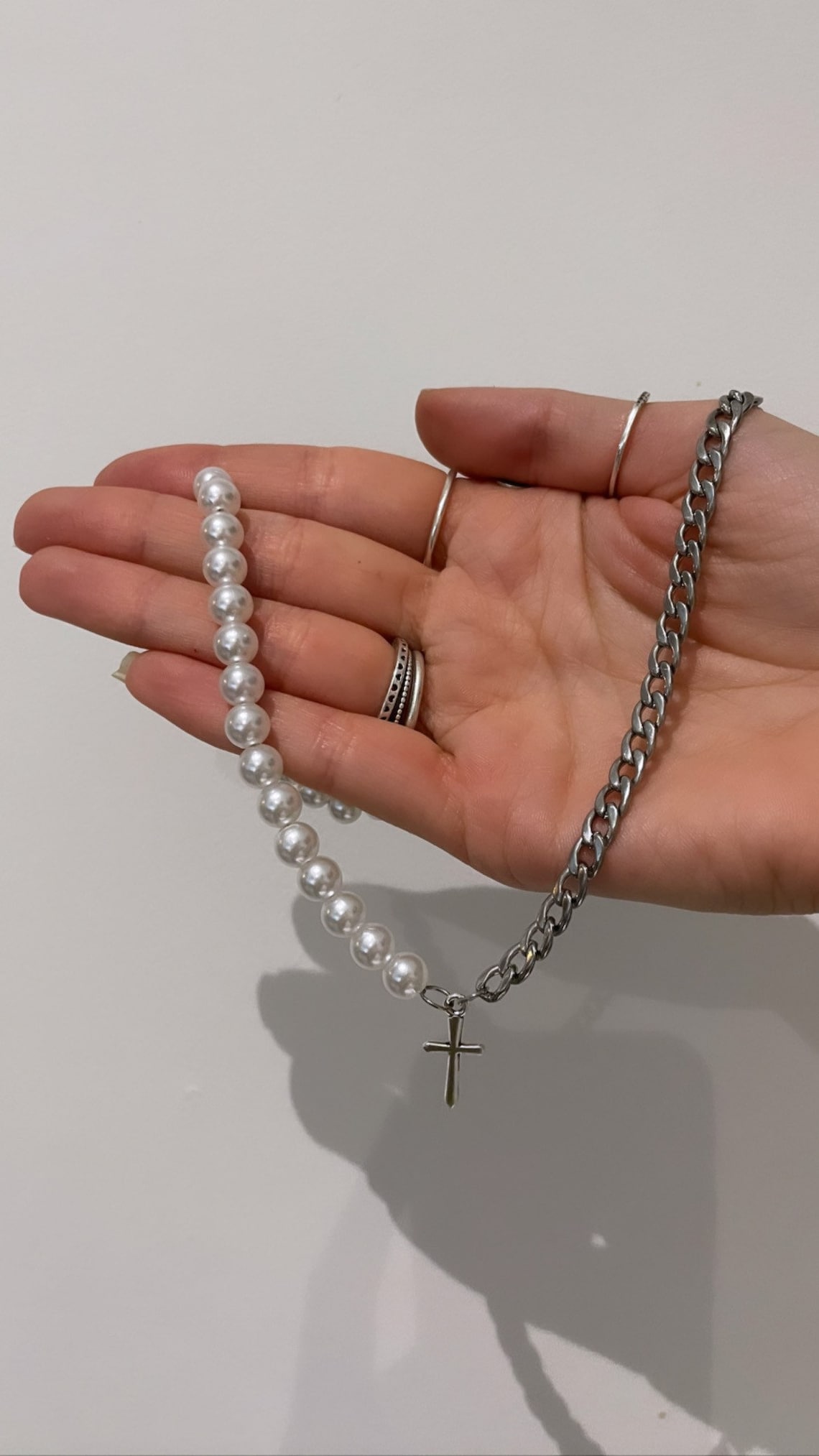 Half Pearl Half Chain Silver Cross Necklace Etsy Half Pearl Half Chain Silver Cross Necklace Etsy