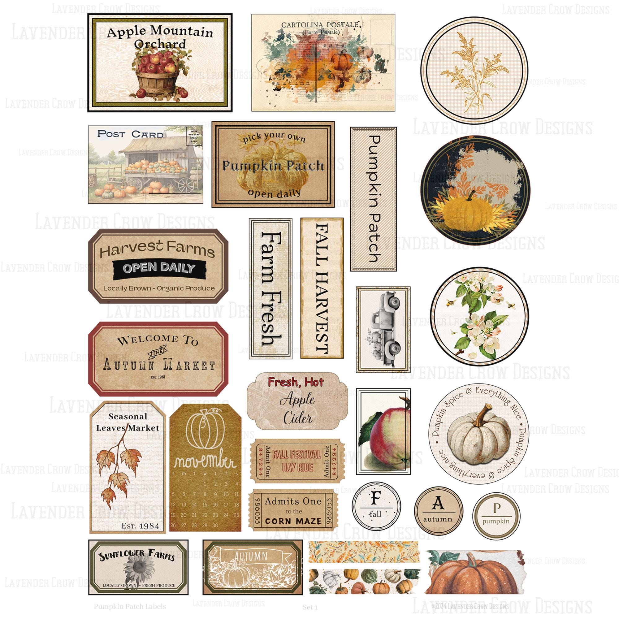 Random Fall Labels, Pumpkin Patch Set Labels for Junk Journals, Vintage ...