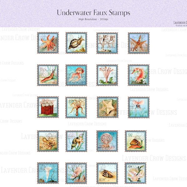 Faux Postage Stamps - Underwater Stamps - Printable Stamps - Junk Journal - Printable Ephemera - Scrapbook Embellishment