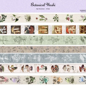 Cinta Washi botánica, tiras Washi imprimibles, Washi botánico vintage