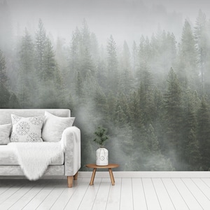 High quality mural wallpaper, wall mural, Papier peint, Fog Passing Through Pine Tree Forest-   244246326 - Muraledesign.com