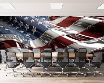 3D US flag mural wallpaper - Chrome - AI- Muraledesign.com