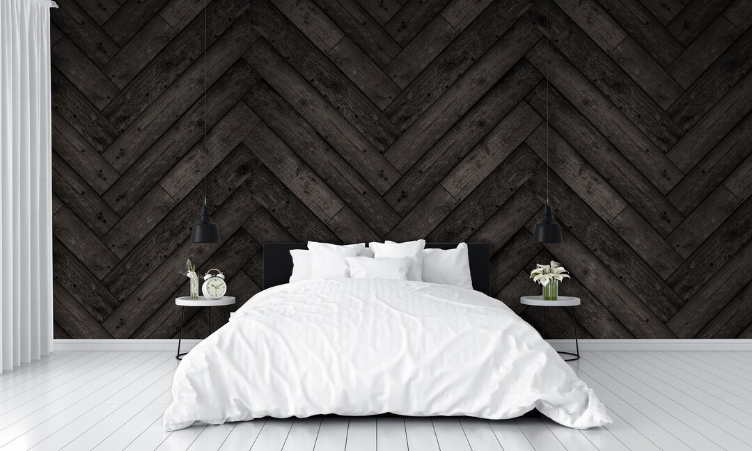 Dark Wood Grain Herringbone Wall Mural 426307997 Etsy