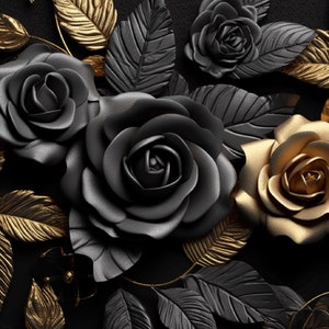 May include: A decorative arrangement of matte black and metallic gold roses interspersed with matching black and gold leaves. The floral composition features multiple rose blooms in varying sizes, all set against a solid black background.